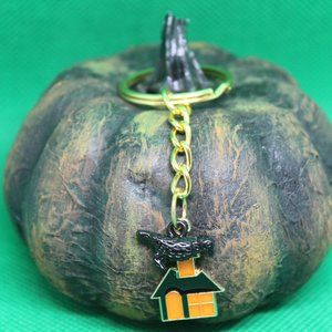 Gold Haunted House Crow Keychain Charm Zipper Pull Crystal Witch Witchy Jewelry